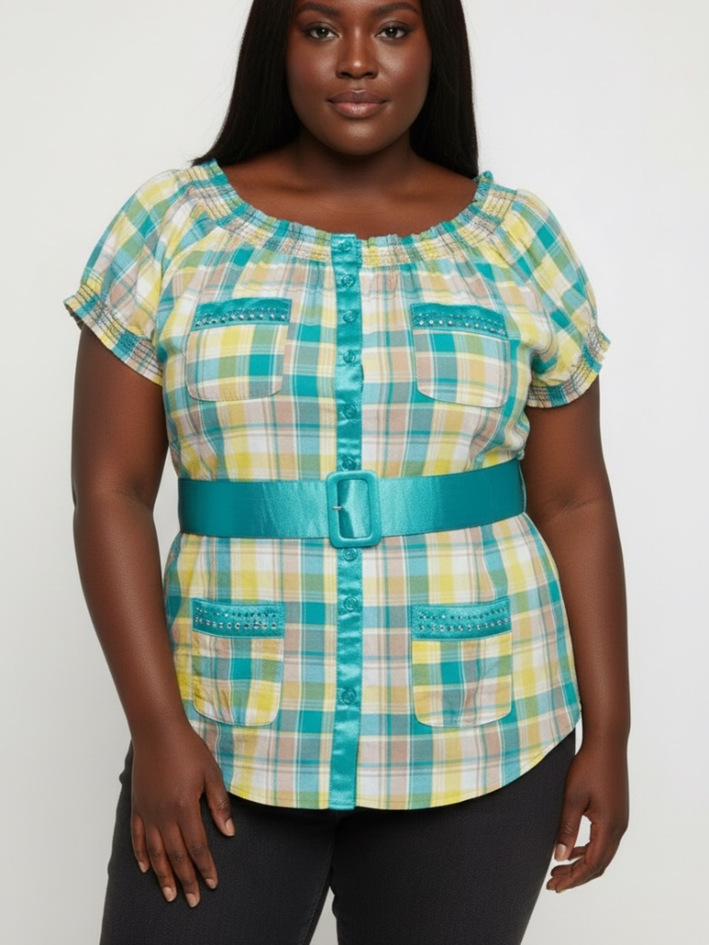 NEW ! Dereon Belt plaid snap down POPLIN SHOULDER Shirt 1X 14 16 PLUS